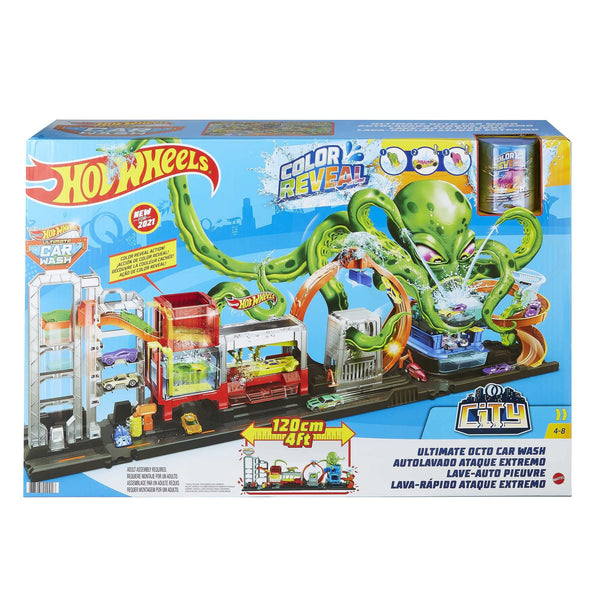 Hot Wheels City Ultimate Octo Car Wash Playset with No-Spill Water Tanks & 1 Color Reveal Car that Transforms with Water, 4+ ft Long, Connects to Other Sets, Gift for Kids 4 Years Old & Up