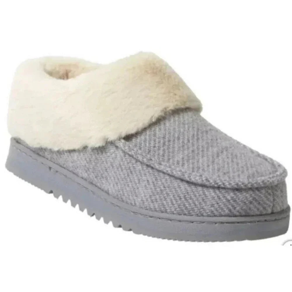 Dearfoams Women's Memory Foam House Slippers Winter Shoes Ladies Warm Fuzzy Faux Fur Collar With Indoor Outdoor Rubber Sole
