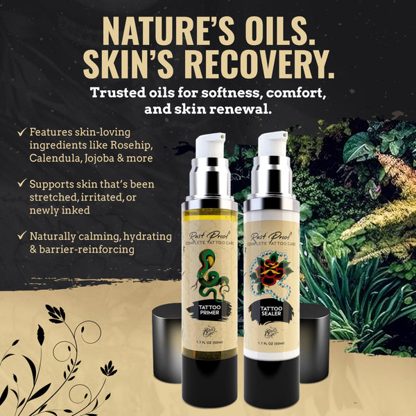 Nirvanta Rust Proof Complete Tattoo Care – Comprehensive Pre & Post Tattoo Skincare Set with Body Oil & Moisture Sealing Body Lotion – Lightweight Hydration & Moisture Barrier Protection – 2 Piece