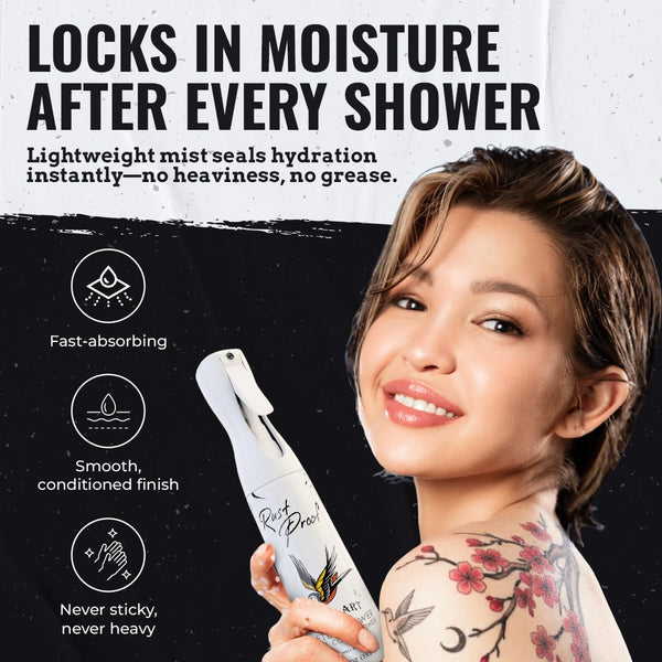 Nirvanta Rust Proof After-Shower Skin Conditioner 12 fl oz – Spray Lotion That Locks in Moisture with 14 Essential Oils – Best Tattoo Aftercare Spray to Hydrate, Nourish & Help Maintain Vibrant Look