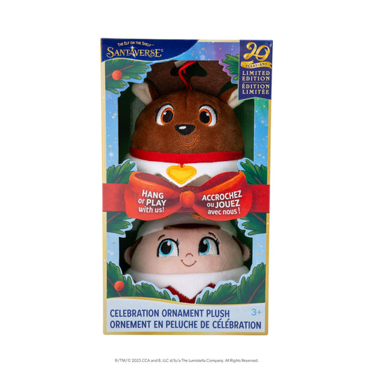 The Elf on the Shelf Santaverse Celebration Ornament Plush  2-Piece Plush Ornament Set Featuring Scout Elf Boy and Reindeer  20th Anniversary Giftable Holiday Keepsake.