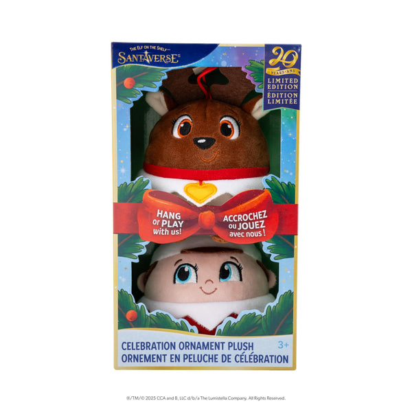 The Elf on the Shelf Santaverse Celebration Ornament Plush  2-Piece Plush Ornament Set Featuring Scout Elf Boy and Reindeer  20th Anniversary Giftable Holiday Keepsake.