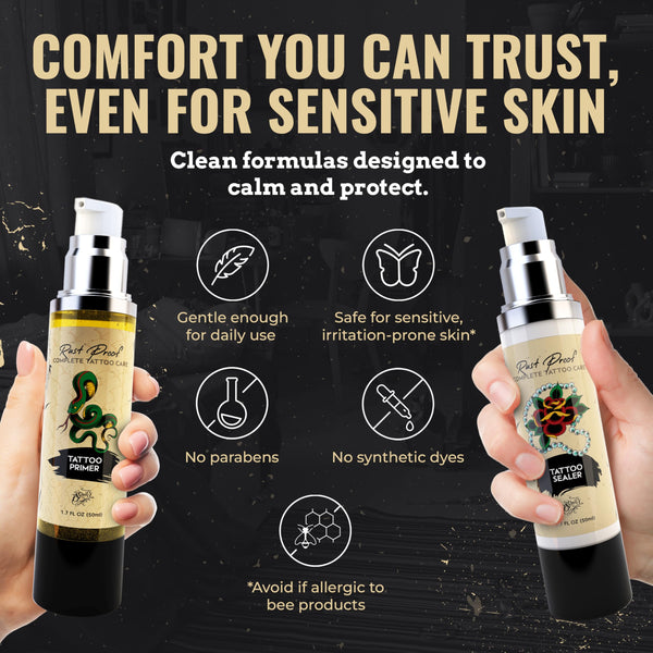 Nirvanta Rust Proof Complete Tattoo Care – Comprehensive Pre & Post Tattoo Skincare Set with Body Oil & Moisture Sealing Body Lotion – Lightweight Hydration & Moisture Barrier Protection – 2 Piece