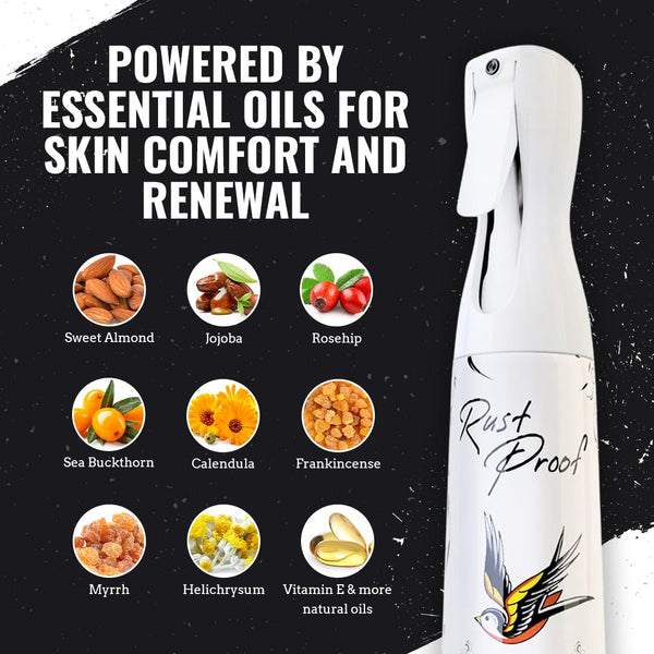 Nirvanta Rust Proof After-Shower Skin Conditioner 12 fl oz – Spray Lotion That Locks in Moisture with 14 Essential Oils – Best Tattoo Aftercare Spray to Hydrate, Nourish & Help Maintain Vibrant Look
