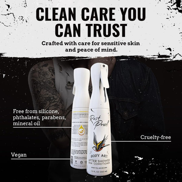 Nirvanta Rust Proof After-Shower Skin Conditioner 12 fl oz – Spray Lotion That Locks in Moisture with 14 Essential Oils – Best Tattoo Aftercare Spray to Hydrate, Nourish & Help Maintain Vibrant Look