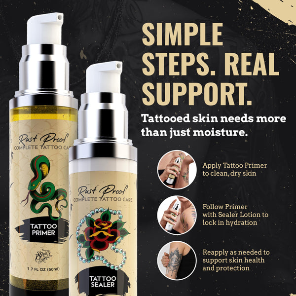 Nirvanta Rust Proof Complete Tattoo Care – Comprehensive Pre & Post Tattoo Skincare Set with Body Oil & Moisture Sealing Body Lotion – Lightweight Hydration & Moisture Barrier Protection – 2 Piece