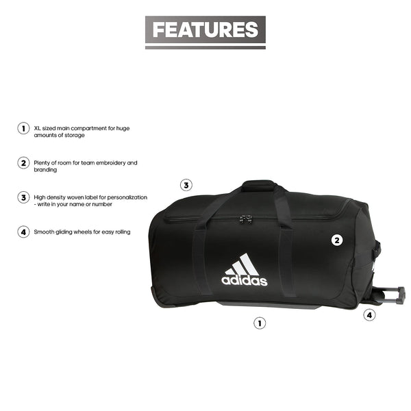 Adidas Team XL 2 Wheel Duffel Bag, Rolling Sports Suitcase - Black/White