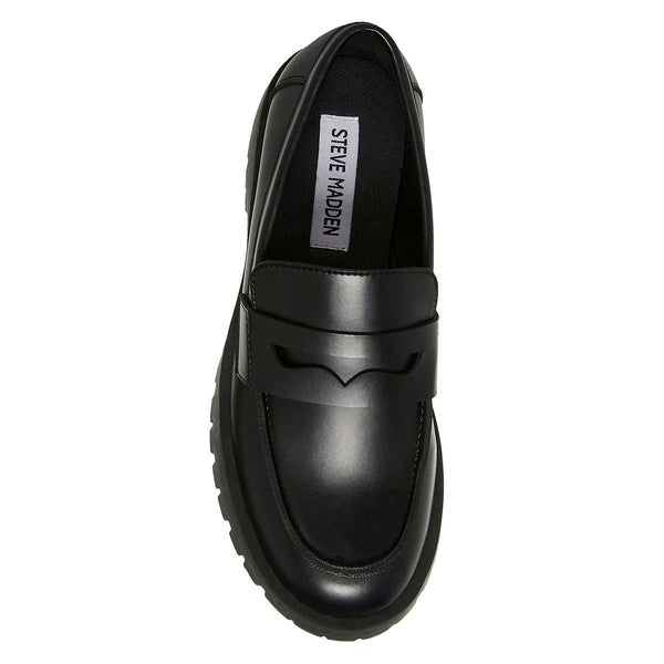 Steve Madden Lawrence Round Toe Slip On Leather Loafers Black Leather