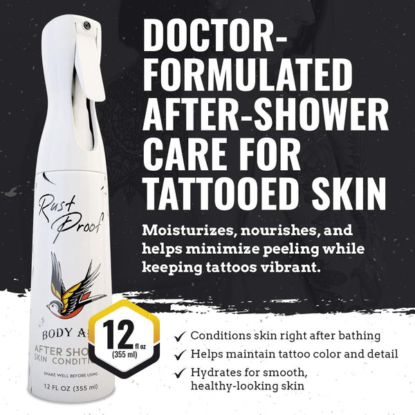 Nirvanta Rust Proof After-Shower Skin Conditioner 12 fl oz – Spray Lotion That Locks in Moisture with 14 Essential Oils – Best Tattoo Aftercare Spray to Hydrate, Nourish & Help Maintain Vibrant Look