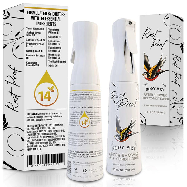 Nirvanta Rust Proof After-Shower Skin Conditioner 12 fl oz – Spray Lotion That Locks in Moisture with 14 Essential Oils – Best Tattoo Aftercare Spray to Hydrate, Nourish & Help Maintain Vibrant Look