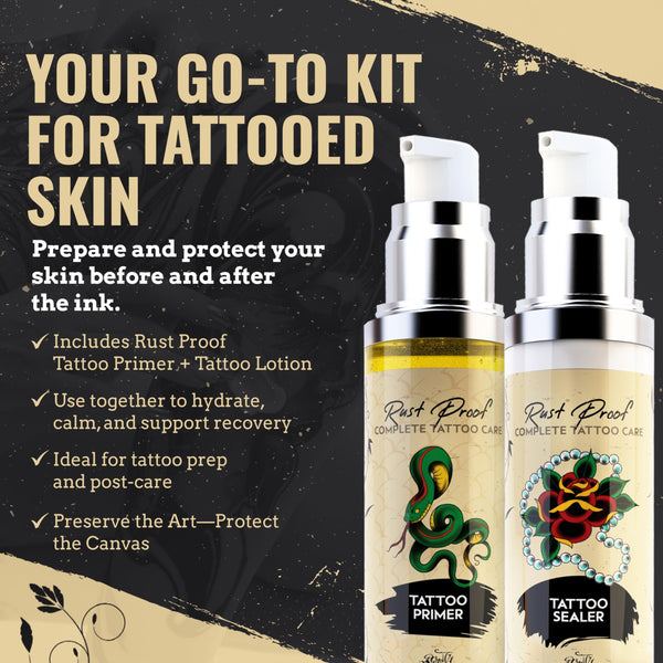 Nirvanta Rust Proof Complete Tattoo Care – Comprehensive Pre & Post Tattoo Skincare Set with Body Oil & Moisture Sealing Body Lotion – Lightweight Hydration & Moisture Barrier Protection – 2 Piece