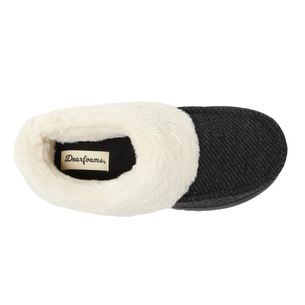 Dearfoams Women's Memory Foam House Slippers Winter Shoes Ladies Warm Fuzzy Faux Fur Collar With Indoor Outdoor Rubber Sole