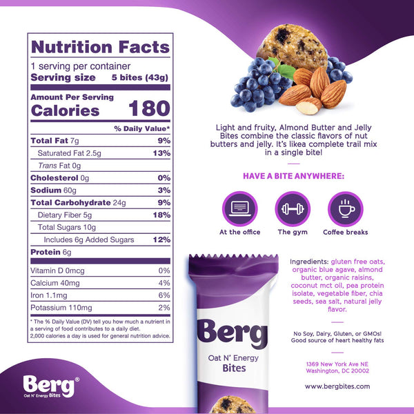 Berg Oat N' Energy Bites - Non-GMO, Gluten Free, Dairy Free, Soy Free and Vegan - Clean Energy Snack - 1.5oz, Pack of 8