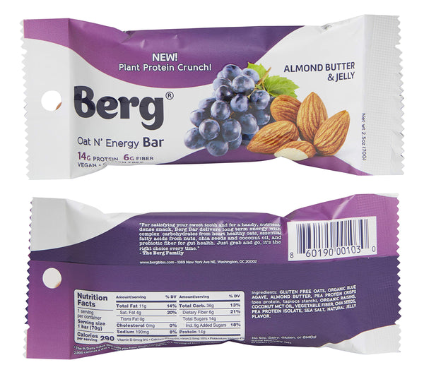 Berg Oat N' Energy Bar | Plant Based Protein Bar | Non-GMO, Gluten Free, Nut Free and Vegan | Low Sugar, Healthy Snack Bar | High Fiber | On The Go | 2.5oz, Pack of 8