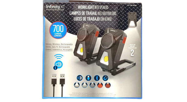 Infinity X1 Stereo, Wireless, Rechargeable 700 Lumens Worklight with Bluetooth Speakers 2-Pack