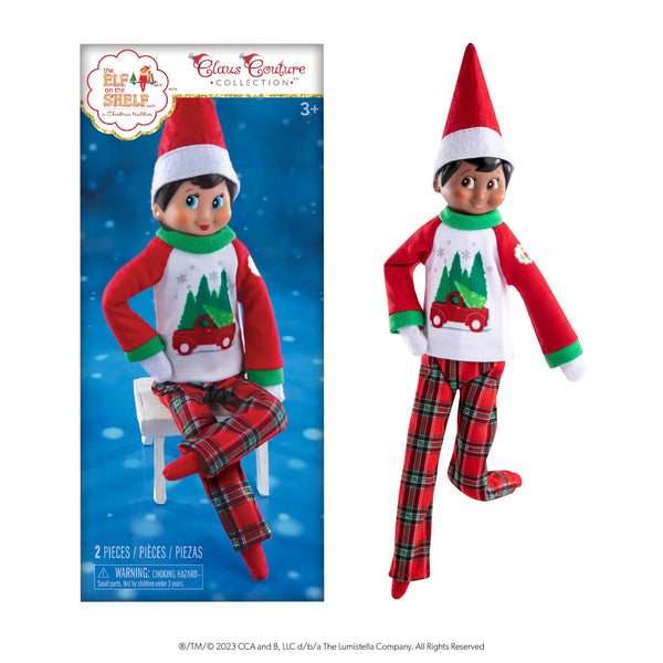 The Elf on the Shelf Claus Couture Tree Farm PJs - Cozy, Cuddly Pajamas For Your Scout Elf - Includes Tree Farm Graphic Top and Patterned Bottoms