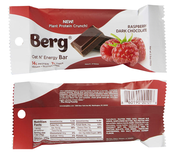 Berg Oat N' Energy Bar | Plant Based Protein Bar | Non-GMO, Gluten Free, Nut Free and Vegan | Low Sugar, Healthy Snack Bar | High Fiber | On The Go | 2.5oz, Pack of 8