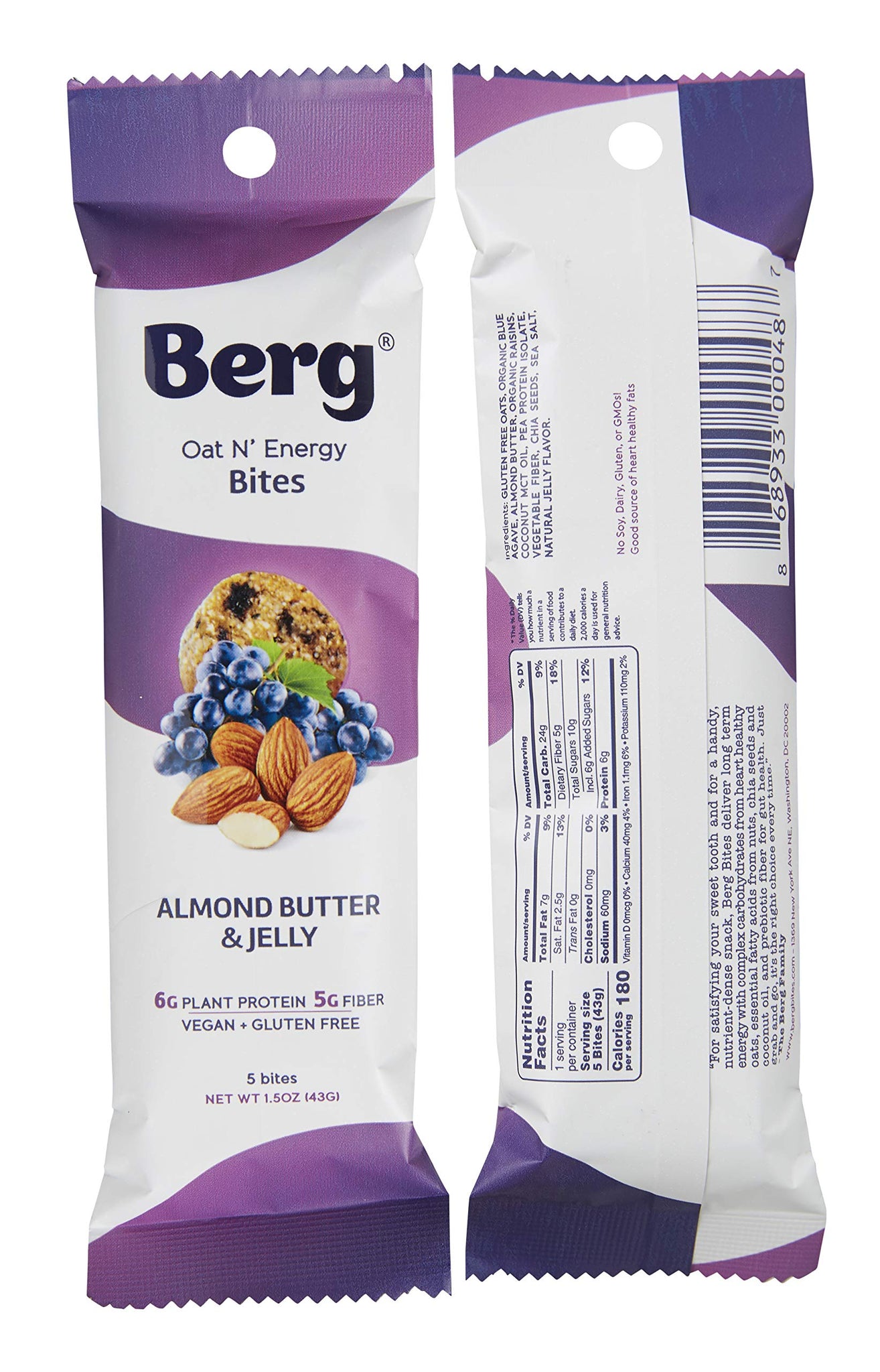 Berg Oat N' Energy Bites - Non-GMO, Gluten Free, Dairy Free, Soy Free and Vegan - Clean Energy Snack - 1.5oz, Pack of 8