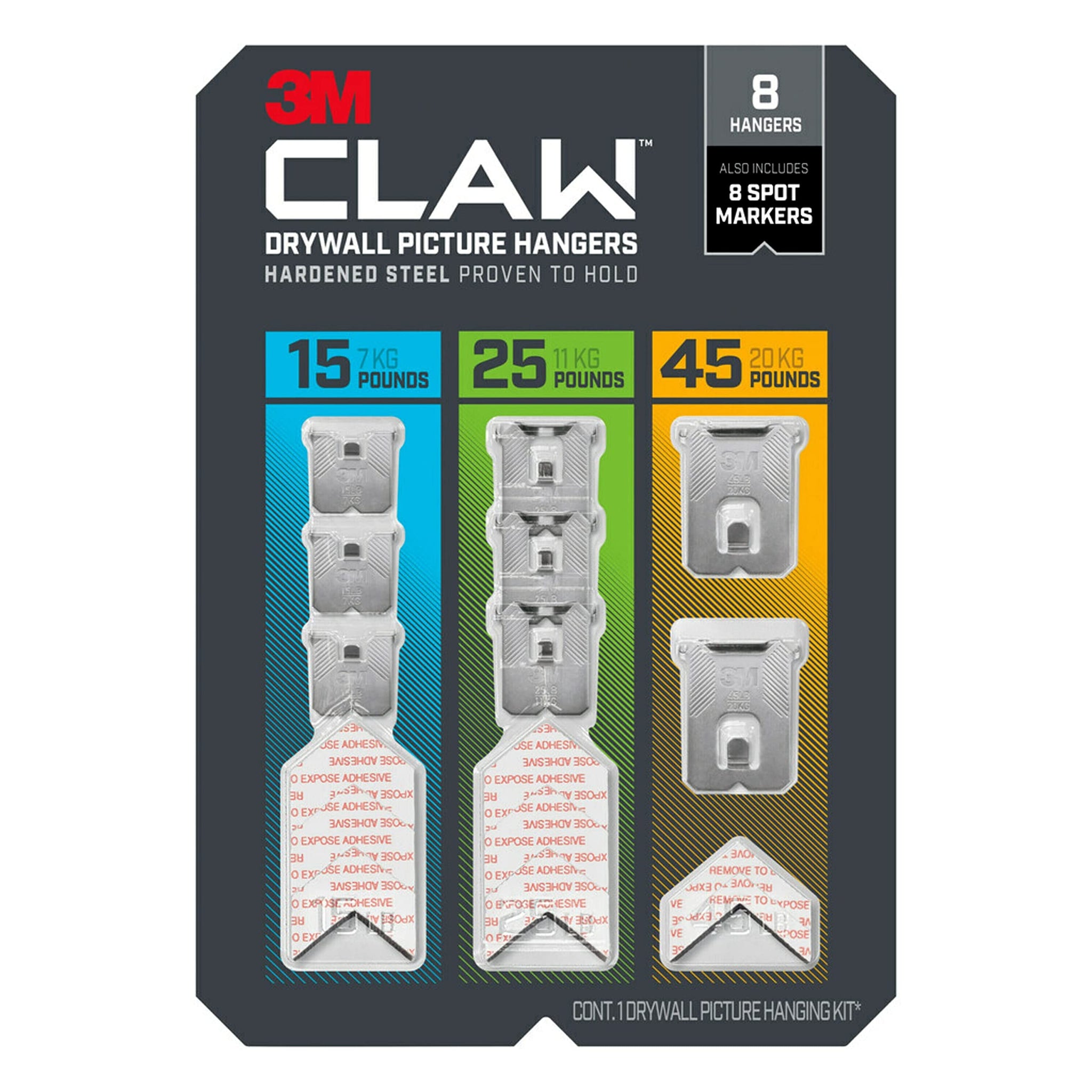 3M CLAW Drywall Picture Hanger with Temporary Spot Marker, Assorted, 8 Hangers, 8 Markers/Pack