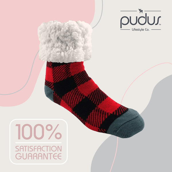 Pudus Classic Slipper Socks - Large Lumberjack Red - Fuzzy Socks for Men