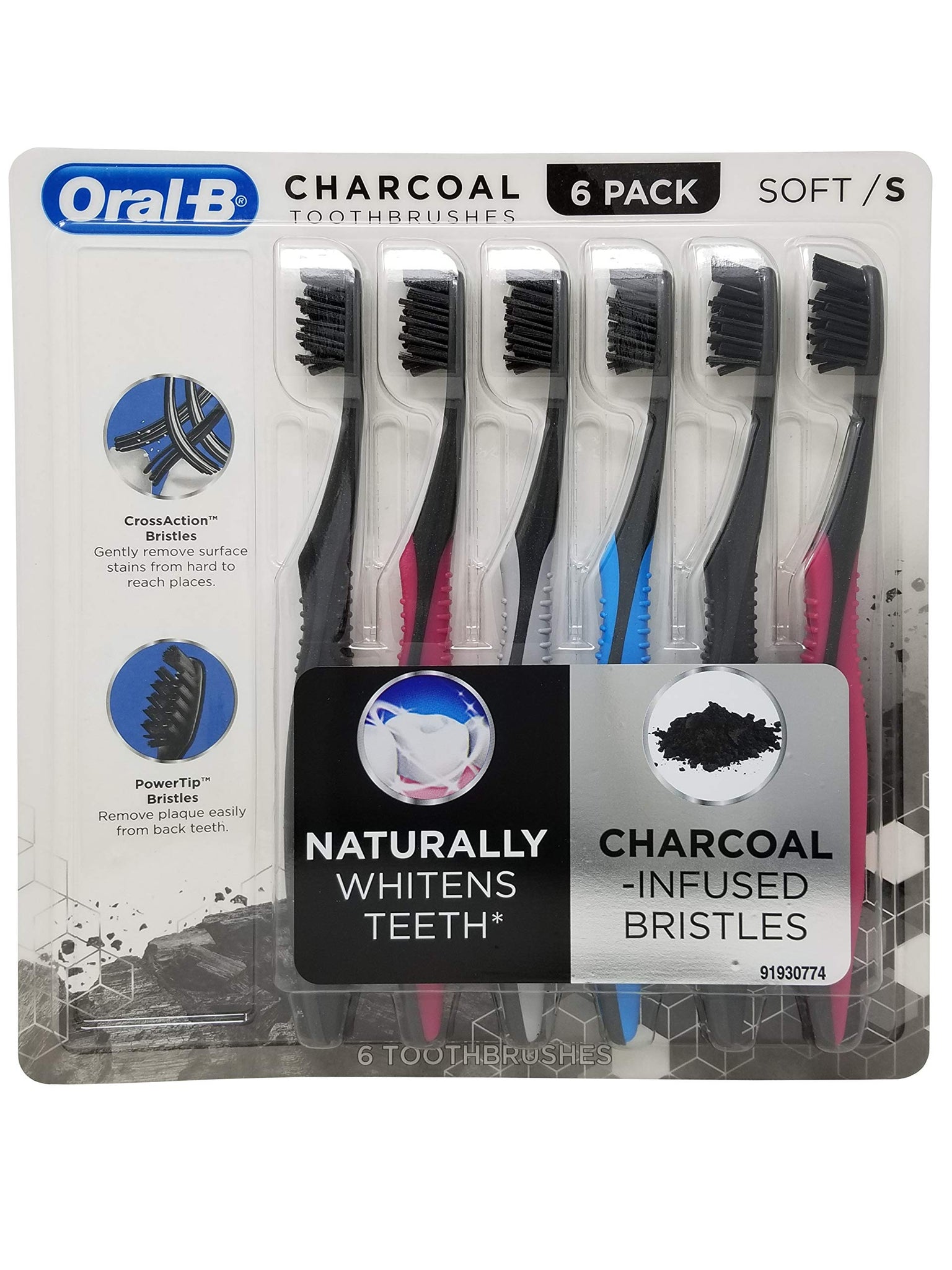 Oral-B Toothbrush Charcoal Infused CrossAction Bristles remove Plaque Stain Naturally Whitens Teeth (6 Pack) (Soft)