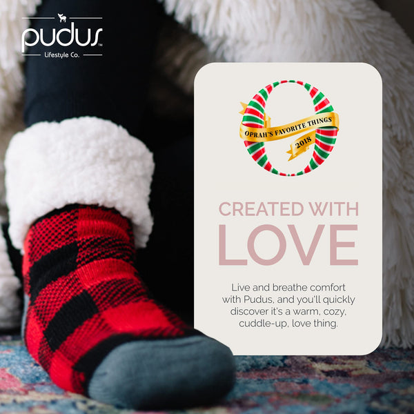 Pudus Classic Slipper Socks - Large Lumberjack Red - Fuzzy Socks for Men